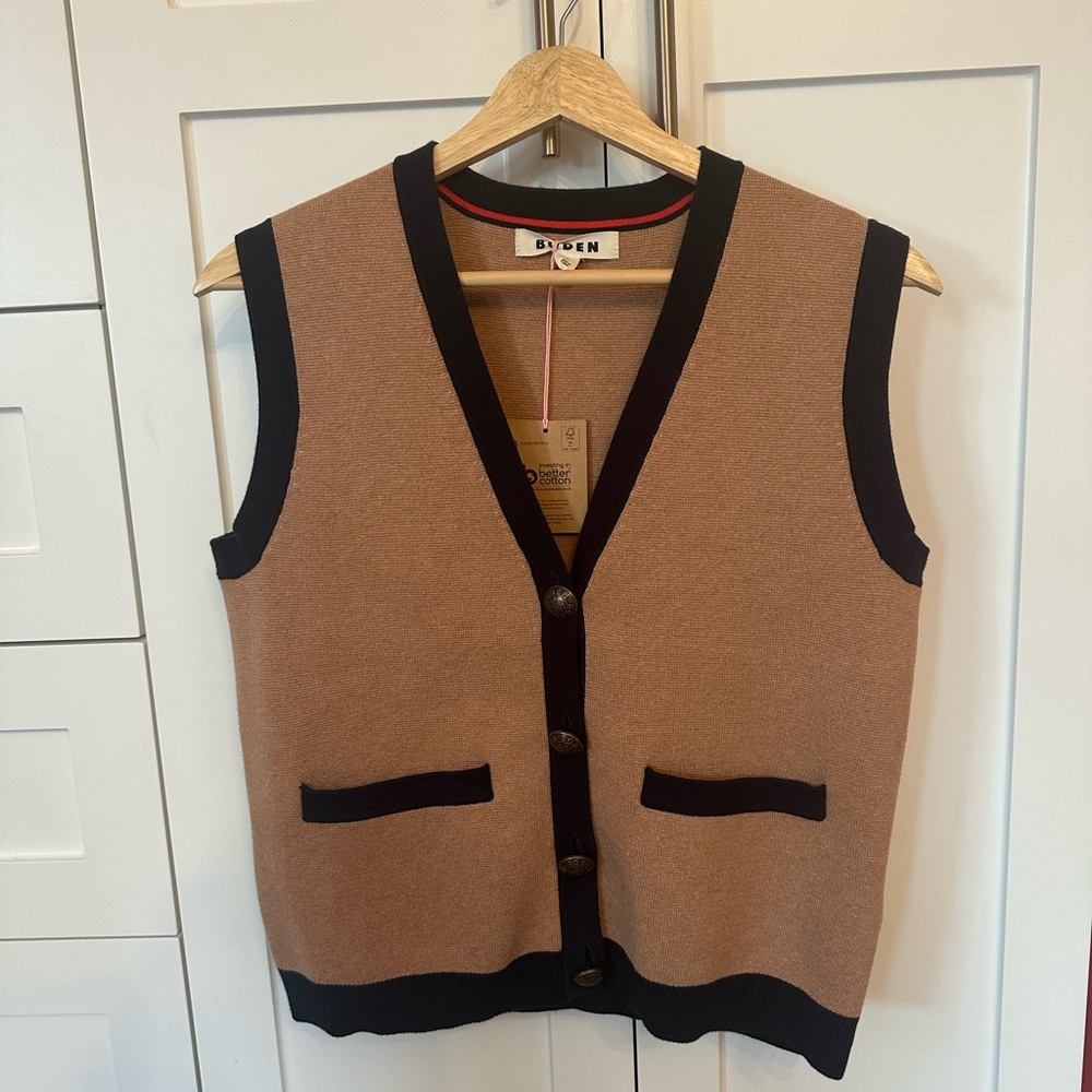 Boden Tan Knit Button Vest with Navy Trim